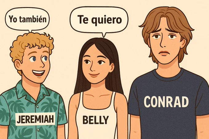 Ilustración hecha con IA de Belly diciendo "Te quiero" y al su lado Conrad mira con cara triste y al otro lado Jeremiah le contesta "yo también"