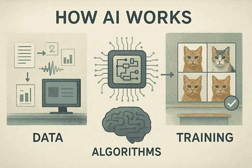 AI runs on three key parts:

Data – The fuel. Text, numbers, images, voice recordings.

Algorithms – The recipe. Instructions that help AI find patterns.

Training – The practice. Feeding lots of data so AI learns.

Think of teaching a child to recognize cats. You show hundreds of cat photos. Eventually, they get it. That’s how AI learns, too.

When I trained a basic AI model during a class project, I used past exam scores to predict future ones. It wasn’t perfect, but it showed me how powerful training data can be.