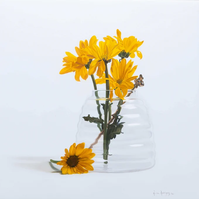 An oil painting of yellow flowers in a glass jar by artist Karina Rodríguez, known for her luminous still lifes. Posted by Abend Gallery in Denver, Colorado, USA.