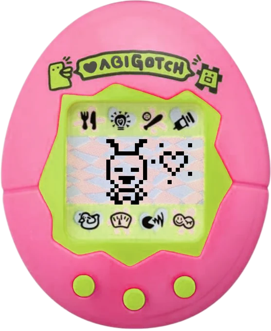 A pink and green classic Tamagotchi displaying a little alien creature and heart on the small, pixelated screen. The design above the screen reads "ABIGOTCH" instead of the original "TAMAGOTCH."