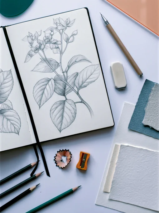 A bright, top-down flat lay photo of an artist's workspace. On the left, a high-end, open sketchbook displays a detailed graphite drawing of a botanical subject. Various grades of pencils, a sharpener with shavings, and an eraser are artfully scattered. On the right, several small, textured paper swatches are laid out—one smooth (hot-pressed), one with a slight texture (cold-pressed), and one visibly rough. The lighting is natural and soft, coming from a nearby window, highlighting the paper textures. The mood is creative, inspiring, and clean.