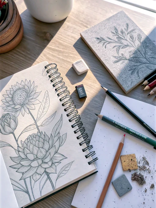 A bright, top-down flat lay photo of an artist's workspace. On the left, a high-end, open sketchbook displays a detailed graphite drawing of a botanical subject. Various grades of pencils, a sharpener with shavings, and an eraser are artfully scattered. On the right, several small, textured paper swatches are laid out—one smooth (hot-pressed), one with a slight texture (cold-pressed), and one visibly rough. The lighting is natural and soft, coming from a nearby window, highlighting the paper textures. The mood is creative, inspiring, and clean.