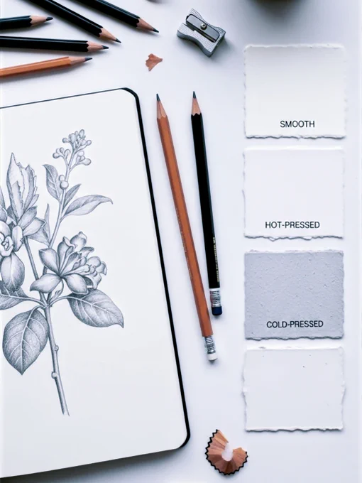A bright, top-down flat lay photo of an artist's workspace. On the left, a high-end, open sketchbook displays a detailed graphite drawing of a botanical subject. Various grades of pencils, a sharpener with shavings, and an eraser are artfully scattered. On the right, several small, textured paper swatches are laid out—one smooth (hot-pressed), one with a slight texture (cold-pressed), and one visibly rough. The lighting is natural and soft, coming from a nearby window, highlighting the paper textures. The mood is creative, inspiring, and clean.