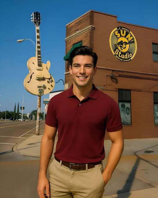 Michael Allen stands on the street outside Sun Studios in Memphis.

Michael Allen, a 26-year-old fit Caucasian man with short, wavy black hair parted on the left and brown eyes, stands confidently outside Sun Studio in Memphis, Tennessee, the legendary birthplace of rock ’n’ roll. He’s dressed in a maroon polo shirt and khaki pants, hands relaxed at his sides in the warm morning light. Behind him, the iconic yellow Sun Studio logo and the towering white Gibson guitar sign frame the historic brick building. The scene captures both the charm of downtown Memphis and Michael’s calm, thoughtful energy—symbolic of new beginnings in the River City Connections story arc.
