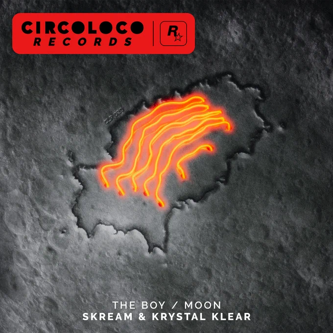 Circoloco Records poster featuring a rocky moon texture with a blackened, embossed scrawled outline in the centre, six unsteady neon orange lines sit inside. Text reads: The Boy / Moon – Skream and Krystal Klear.