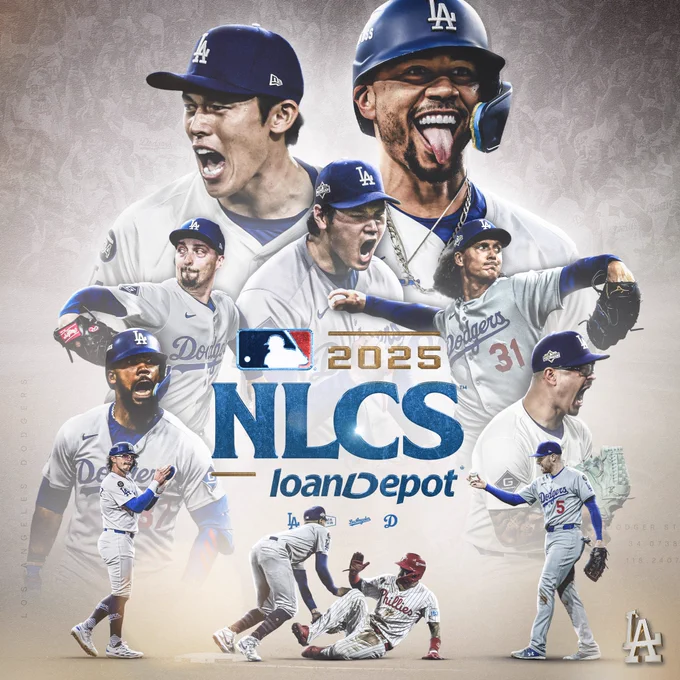 A graphic with cutouts of Roki Sasaki, Mookie Betts, Tyler Glasnow, Anthony Banda, Freddie Freeman, Mookie Betts, Kiké Hernández, Teoscar Hernández, Blake Snell and Shohei Ohtani announcing the Dodgers as NLCS bound.