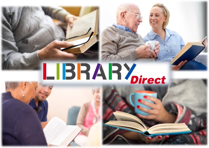 Four photos of people reading. 'Library Direct' is written in the centre of the images