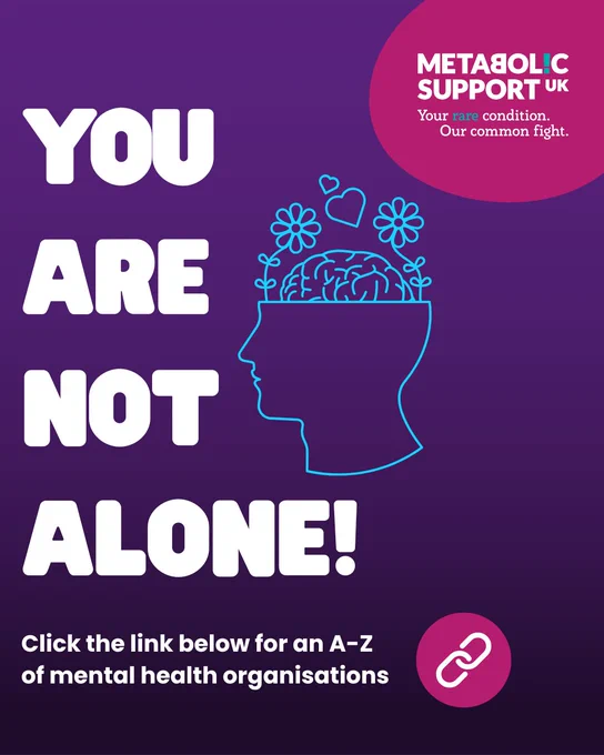 Purple graphic with text reading: You are not alone, click the link below for an A-Z of mental health organisations. A graphic of a head representing mental health is shown.