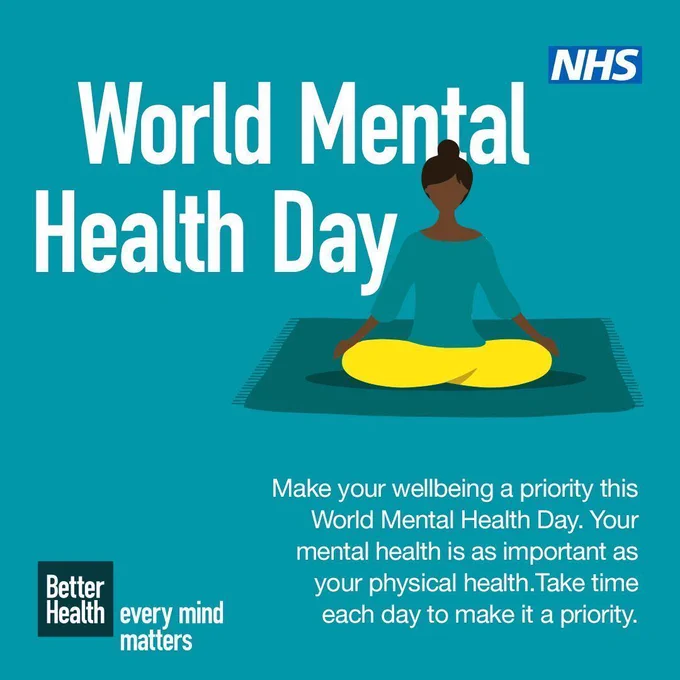 A woman sat on a mat, with the wording 'make your wellbeing a priority this World Mental Health Day. Your mental health is as important as your physical health. Take time each day to make it a priority'.