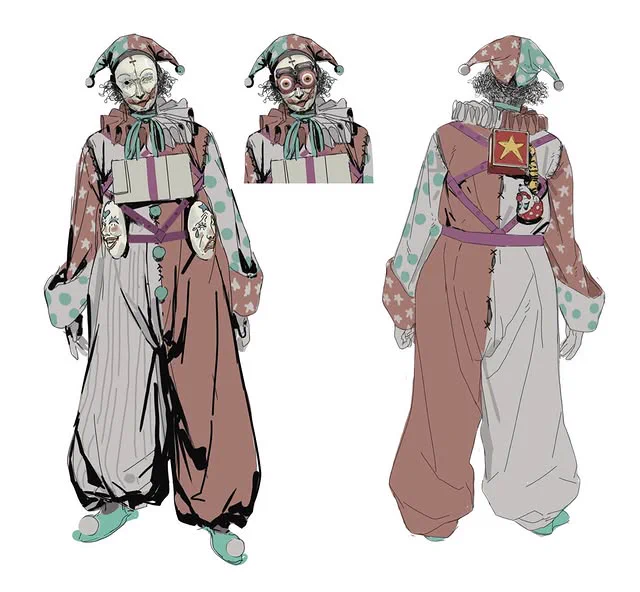 Clown with bulls-eye goggles and a laughing and crying mask
