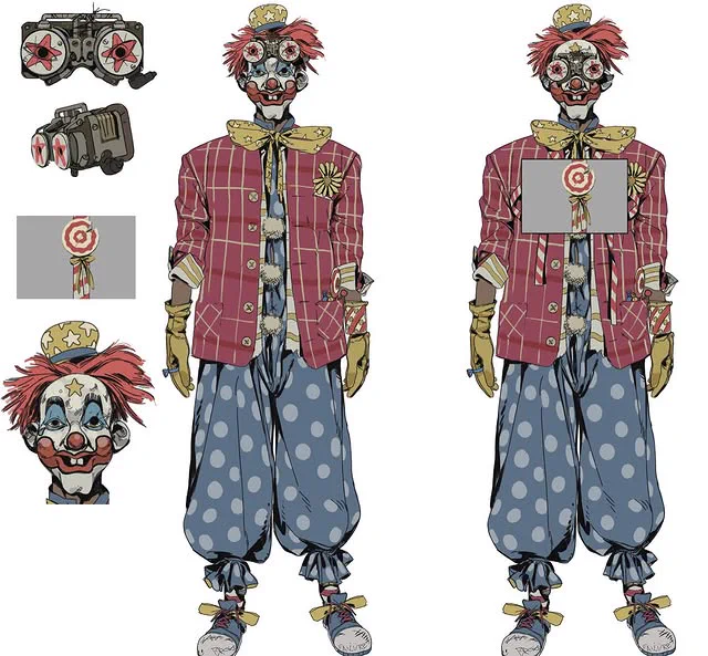 Clown with star-eyed goggles and a target on their chest