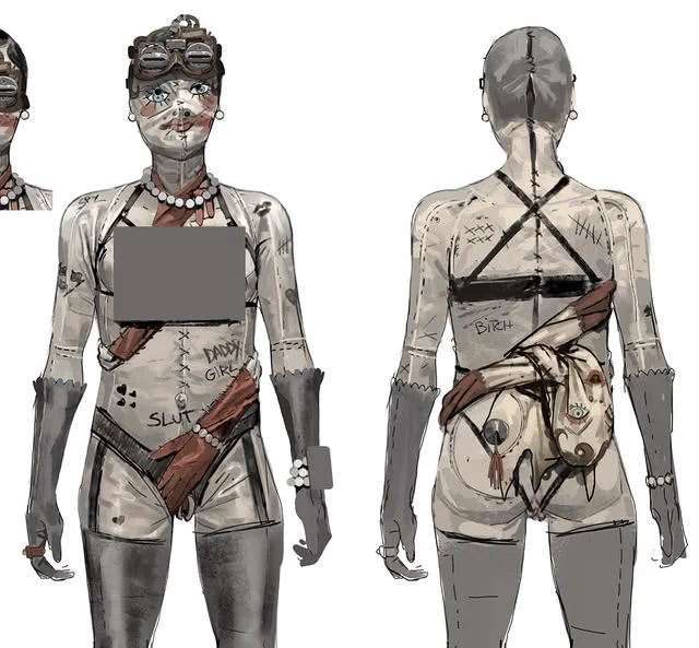 Gas mask wearing worker with chain harness