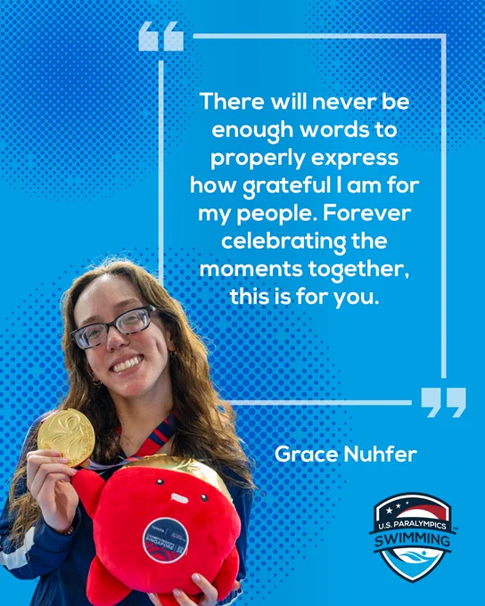Graphic with photo of Grace Nuhfer holding a gold medal and smiling. The quote text next to her reads "There will never be enough words to properly express how grateful I am for my people. Forever celebrating the moments together, this is for you."