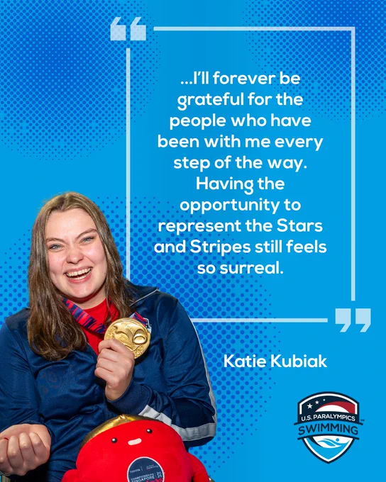 Graphic with photo of Katie Kubiak holding a gold medal with a big smile on her face. The quote text next to her photo reads "I'll forever be grateful for the people who have been with me every step of the way. Having the opportunity to represent the Stars and Stripes still feels so surreal."