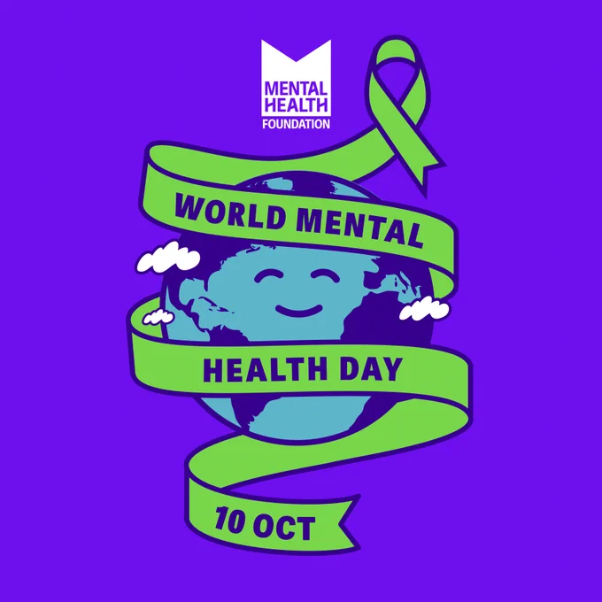 Purple background with a globe in the middle and the words "World Mental Health Day, 10 Oct" around it with a green ribbon