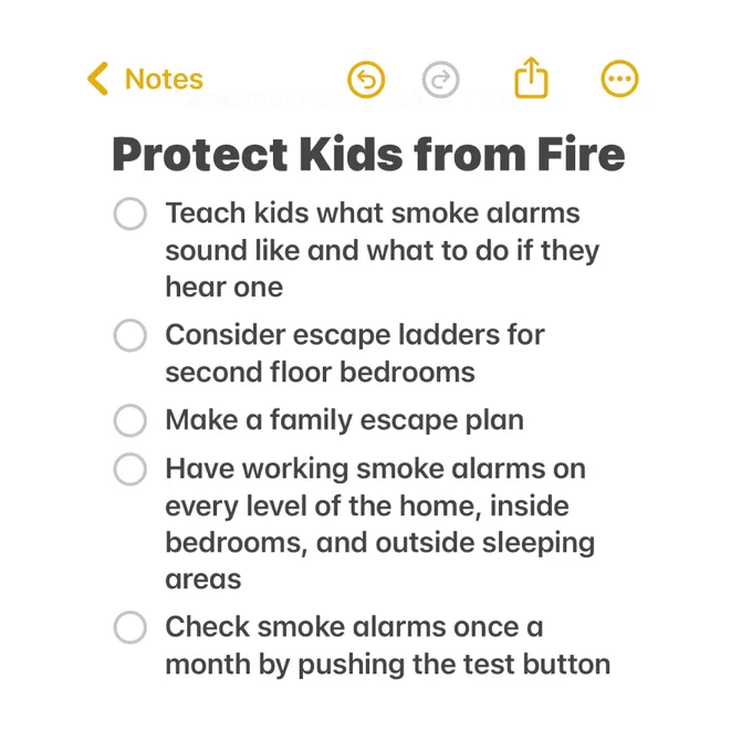 A notes app screenshot of tips to protect kids from fire.