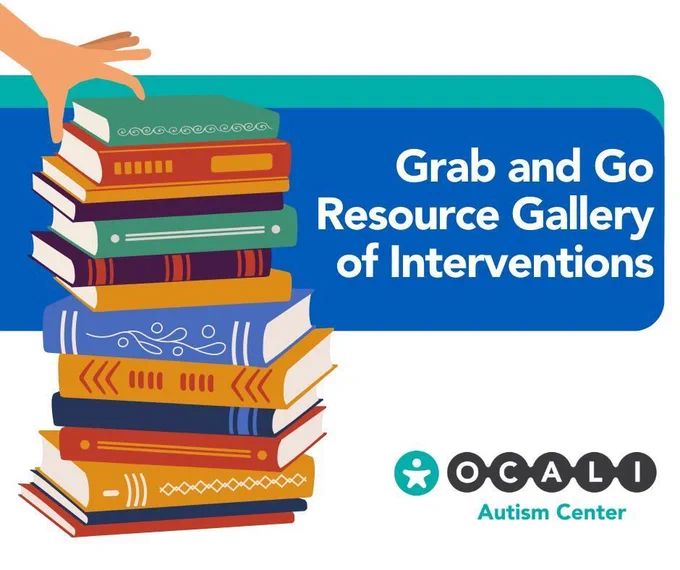Image of white background with blue and teal overlays. Graphic of stacked books with a hand retrieving a book from the top of the stack. Text reads: Grab and Go Resource Gallery 