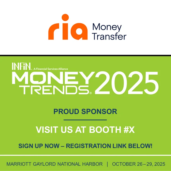 Ria Money Transfer Logo. Announcement of the Money Trends 2025 Conference sponsorship.