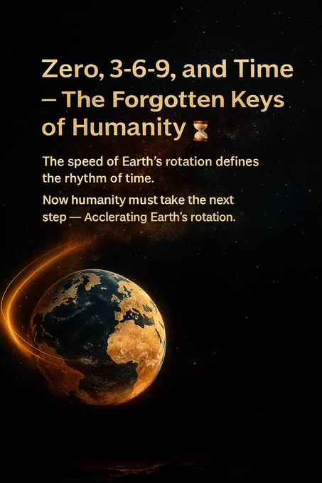 A glowing Earth surrounded by a golden arc of light, symbolizing motion, time, and cosmic balance.
The image reads: “Zero, 3-6-9, and Time — The Forgotten Keys of Humanity.”
It emphasizes that the speed of Earth’s rotation defines the rhythm of time, and humanity’s next step is to consciously accelerate this motion for evolution. 🌍⏳✨