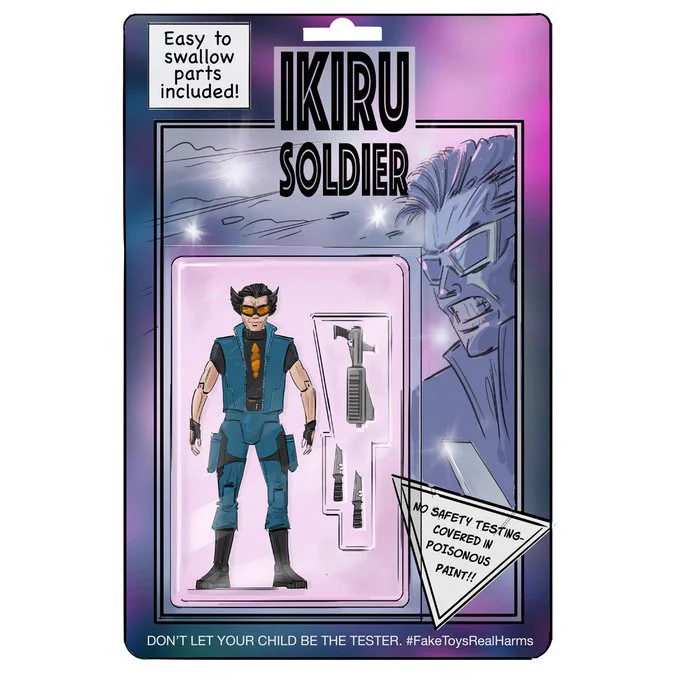 A fake action figure in packaging with a warning label. The warning on the package states that the toy has "no safety testing" and is "covered in poisonous paint". Easy to swallow parts included 
Counterfeit toys often contain toxic materials or have small, loose parts that can be a choking hazard. 
#FakeToysRealHarm