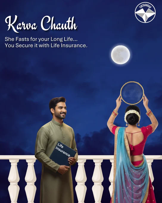 A romantic graphic for Karva Chauth. A woman in traditional attire looks at the moon through a sieve on a balcony, and her husband stands beside her, holding a file labeled "Life Insurance." The text reads: "She Fasts for your Long Life… You Secure it with Life Insurance." The Tirthankar logo is visible. Keywords: Karva Chauth, Life Insurance, Family Security, Tirthankar Prime Distributors LLP.