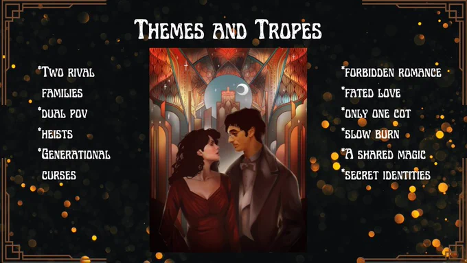 Image of man and woman with art deco city backdrop.