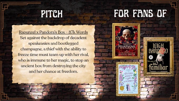 Summary of novel pitch with images of similar book titles.