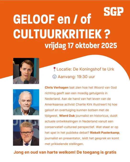 Geloof en/of Cultuurkritiek?*  Jozua en Kaleb maakten door het geloof andere keuzes dan de meerderheid van de verspieders. Waar komt het op aan in deze tijd en wat kunnen we leren van Charlie Kirk? Volgende week vrijdag is er een open avond in de Koningshof waarin Chris Verhagen (de Apologeet) in gesprek gaat met historicus en Journalist Wierd Duk. Toegang is gratis! Jong en oud van harte welkom! Vrijdag 17 oktober 2025 De Koningshof te Urk Aanvang 19:30