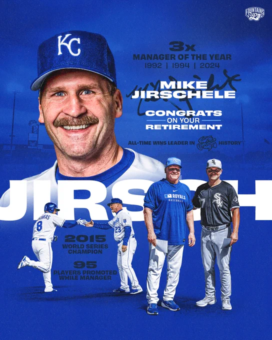 A graphic with cutout photos of Mike Jirschele smiling, high-fiving Mike Moustakas as he rounds third base, and posing for a photo with his son and Chicago White Sox Third Base Coach, Justin, set against a royal blue background. Text on the graphic reads, "Mike Jirschele, congrats on your retirement! All-Time wins leader in Omaha Storm Chasers history, 3x Manager of the year (1992, 1994, 2024), 2015 World Series Champion, 95 players promoted while manager."
