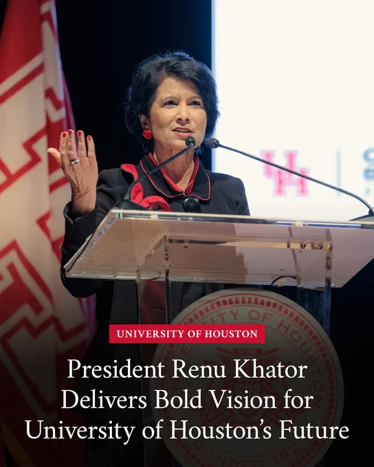 University of Houston President Renu Khator speaking at a podium, with text that reads, “President Renu Khator Delivers Bold Vision for University of Houston’s Future.”
