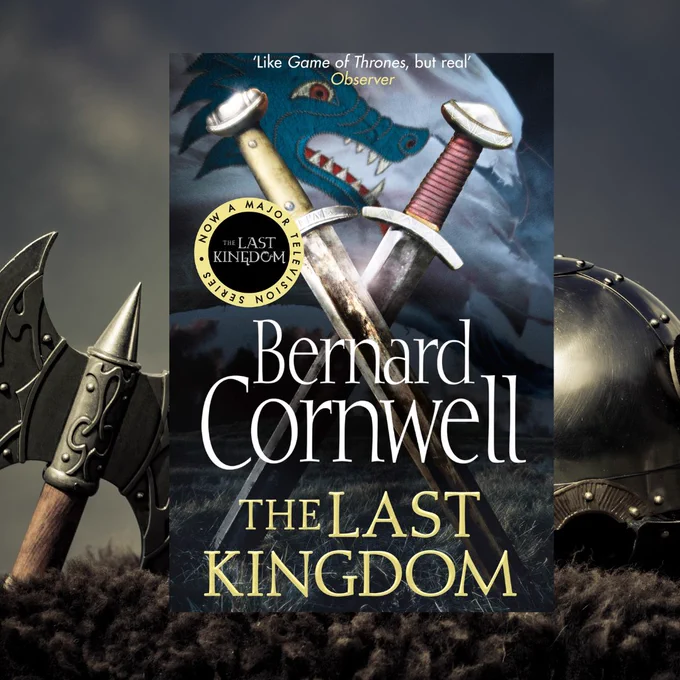 A background photo of a Viking axe and head piece with the front cover of Bernard's Cornell's The Last Kingdom.