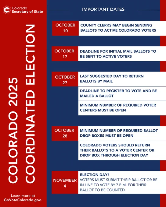 Visit Go Vote Colorado DOT GOV for more information about Colorado's upcoming election including important dates and how to find a voter center near you. 