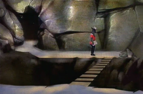 A scene from El Rescate del Talisman. A knight is standing on a ledge with a narrow pathway leading to safety.