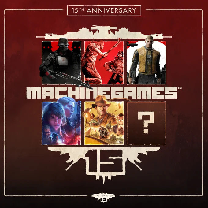 A square red image wiith boxes featuring key art from various MachineGames titles and a box with a "?" in it, along with the text "15th Anniversary" 