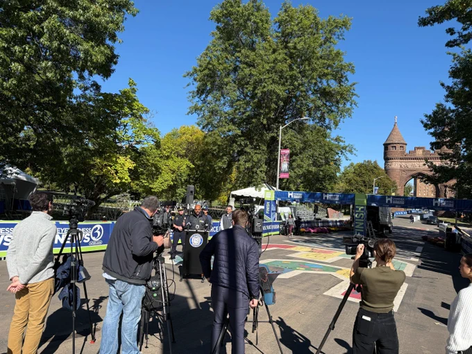 Hartford Mayor Arunan Arulampalam speaking to reporters at Bushnell Park.