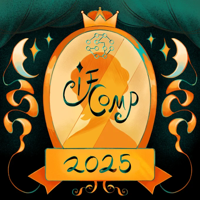 The IFComp 2025 logo is an ornate gold-framed mirror with silhouetted profile, stylized text ‘IFComp,’ crown, stars, moons, and a banner reading 2025.