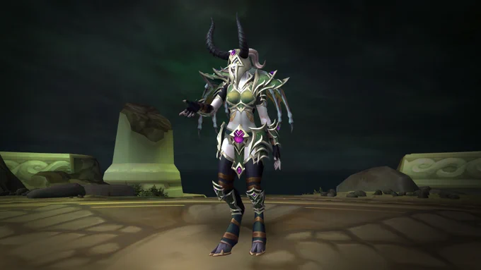 A screenshot of one of the transmogs available in the Dreadlord Regalia Pack transmog set, as worn on a female draenei. 