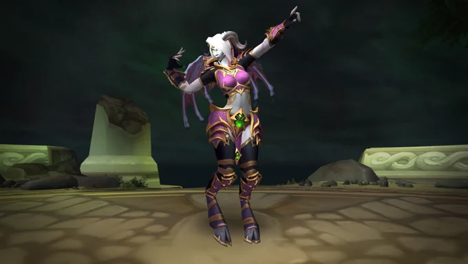 A screenshot of one of the transmogs available in the Dreadlord Regalia Pack transmog set, as worn on a female draenei. 