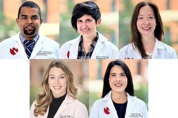 Research Grant Award winners, clockwise from top left: Drs. Ahmed Ahmed, Marika Forsythe, Rebecca Manzo, Phassawan Rungsiprakarn, and Holly Mitzel