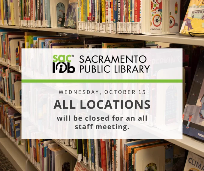 Library bookshelves with a graphic that reads "Wednesday, October 15 all locations will be closed for an all staff meeting.