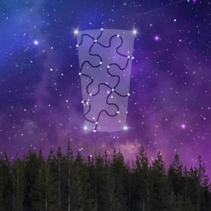 A blue and purple sky above pine trees. The sky is full of stars. Some of the stars form a constellation that forms the Puzzled Pint logo, a pint glass with a jigsaw puzzle outline. 