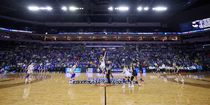 Summit League basketball players at the 2025 Championship Tournament. Photo courtesy the Summit League