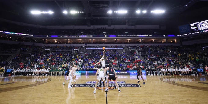 Summit League basketball players at the 2025 Championship Tournament. Photo courtesy the Summit League