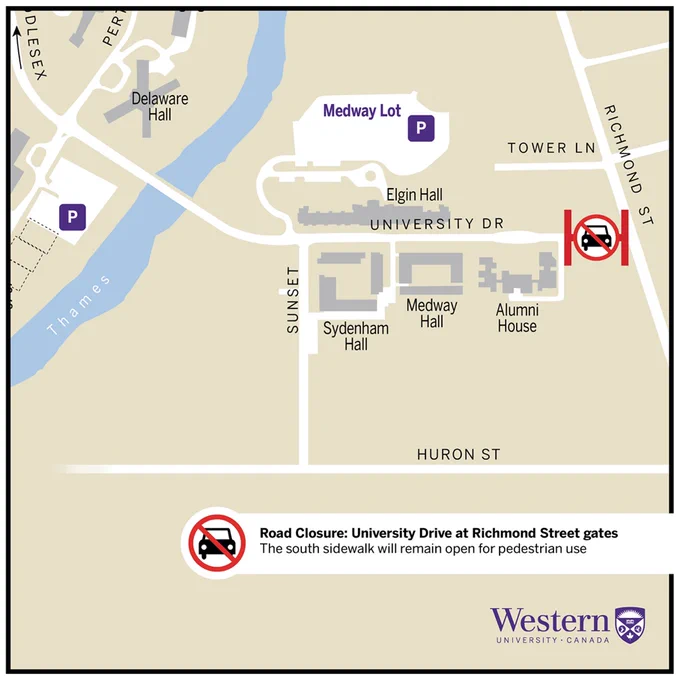 University Drive will be closed to vehicle traffic at the Richmond Street gates from Monday, Oct. 6 to Friday, Oct. 17 to complete underground water and sewer work for the new student residence.
Vehicles can access campus via Huron Street and Sunset Street.
The south sidewalk will remain open for pedestrian use.