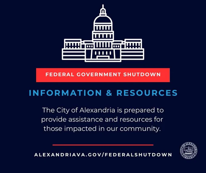 Official notice about Federal Government Shutdown with resources from the City of Alexandria. Features a stylized graphic of the Capitol building, and a link to more information on the Alexandria government website.