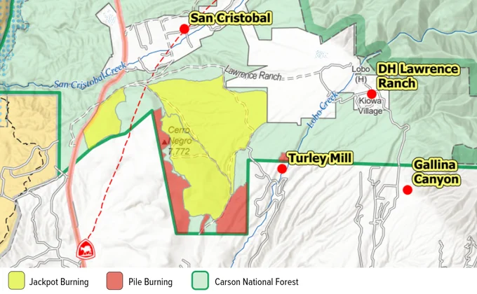 Map of San Cristobal, N.M., area with polygons showing where jackpot and pile burning may occur.