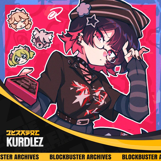 A promotional graphic for BLOCKBUSTER that reads "kurdlez" in the bottom left corner in white English text, and gold text of an original language in ZZZ above it.

Below is a gold footer that reads "BLOCKBUSTER ARCHIVES" across. There is a black background with faded text patterned across it, and a divider above in gold and grey. 

The rest of the image is art from kurdlez of Ellen Joe in casual wear, surrounded by chibi heads of the other Victoria's Housekeeping members.