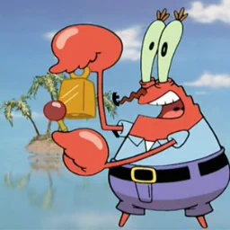 A frame from Spongebob Squarepants of Mr. Krabs playing a cowbell.