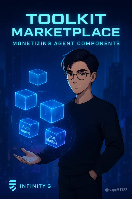 The futuristic illustration features a young man wearing glasses standing with open arms in front of a blue hologram containing glowing cubes labeled "Auth Agent" and "Chat Module." In the background, a neon-lit, blue-purple digital city appears. This visual represents Infinity Ground's Toolkit Marketplace concept , where artificial intelligence agents can be monetized and connected across projects.