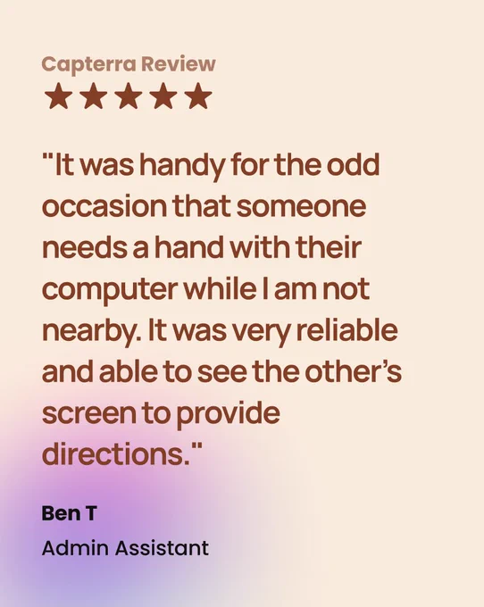 It was handy for the odd occasion that someone needs a hand with their computer while I am not nearby. It was very reliable and able to see the other's screen to provide directions.